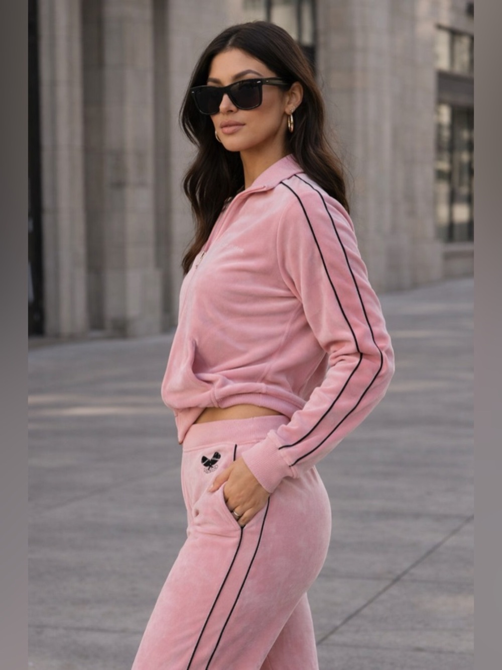 Juicy Couture Pink Velour Wide-Leg Track Pants with Blue Side Stripes - Picture 3 of 13